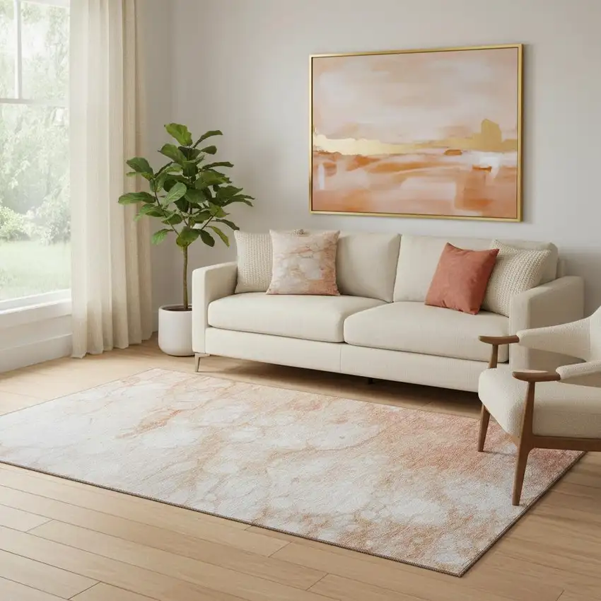 Coral And Ivory Abstract Washable Area Rug With UV Protection Photo 1