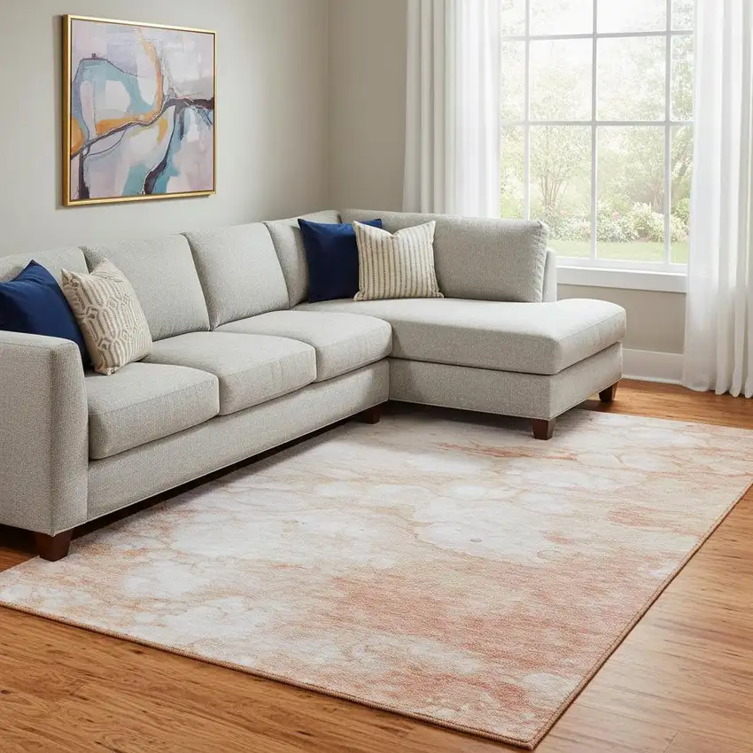 Coral And Ivory Abstract Washable Area Rug With UV Protection Photo 1