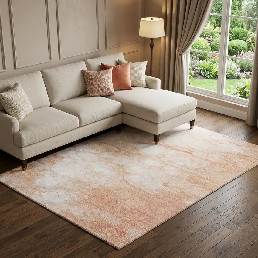Coral And Ivory Abstract Washable Area Rug With UV Protection Photo 1