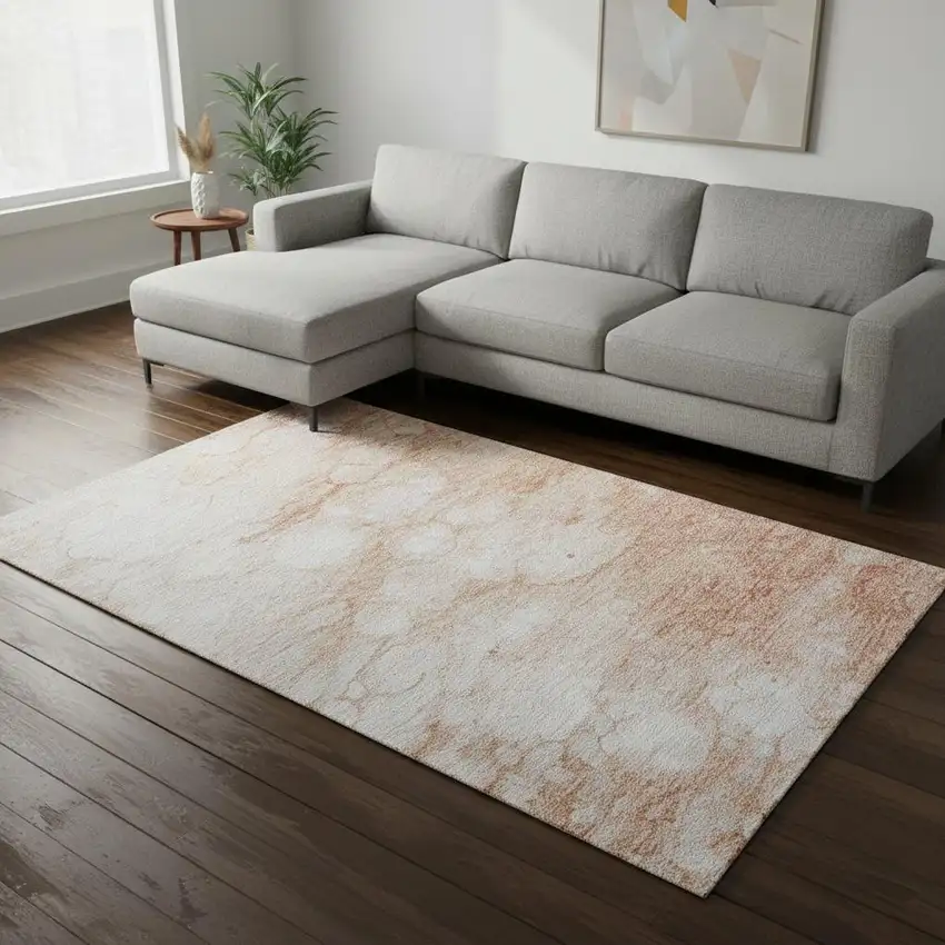 Coral And Ivory Abstract Washable Area Rug With UV Protection Photo 1