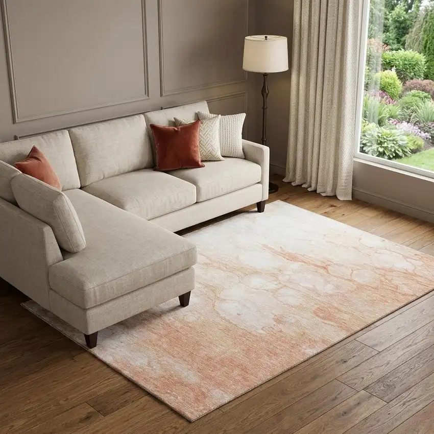 Coral And Ivory Abstract Washable Area Rug With UV Protection Photo 1