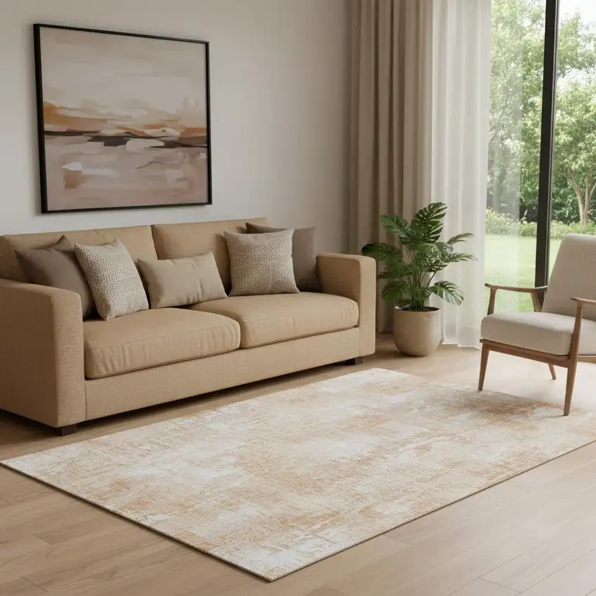 Coral And Ivory Abstract Washable Area Rug With UV Protection Photo 1