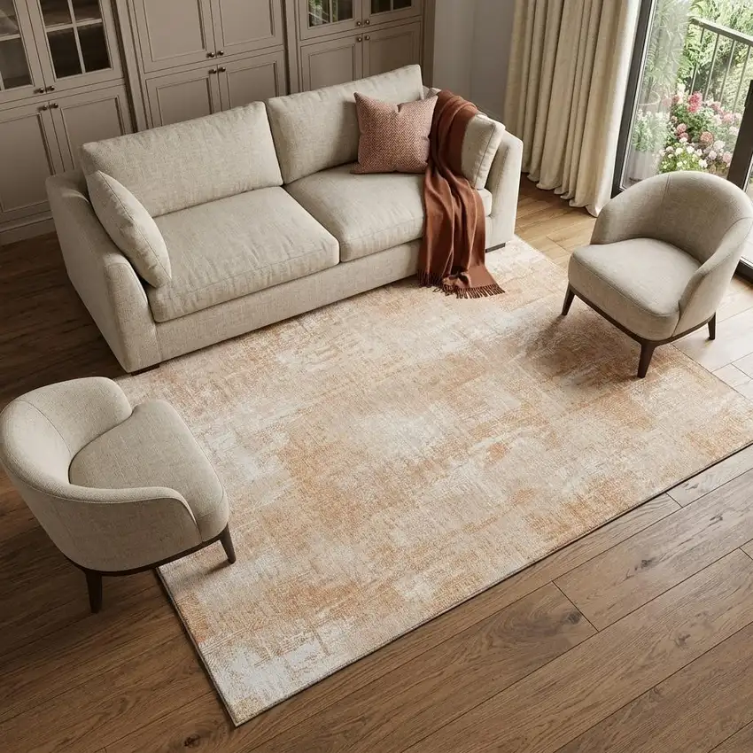 Coral And Ivory Abstract Washable Area Rug With UV Protection Photo 1