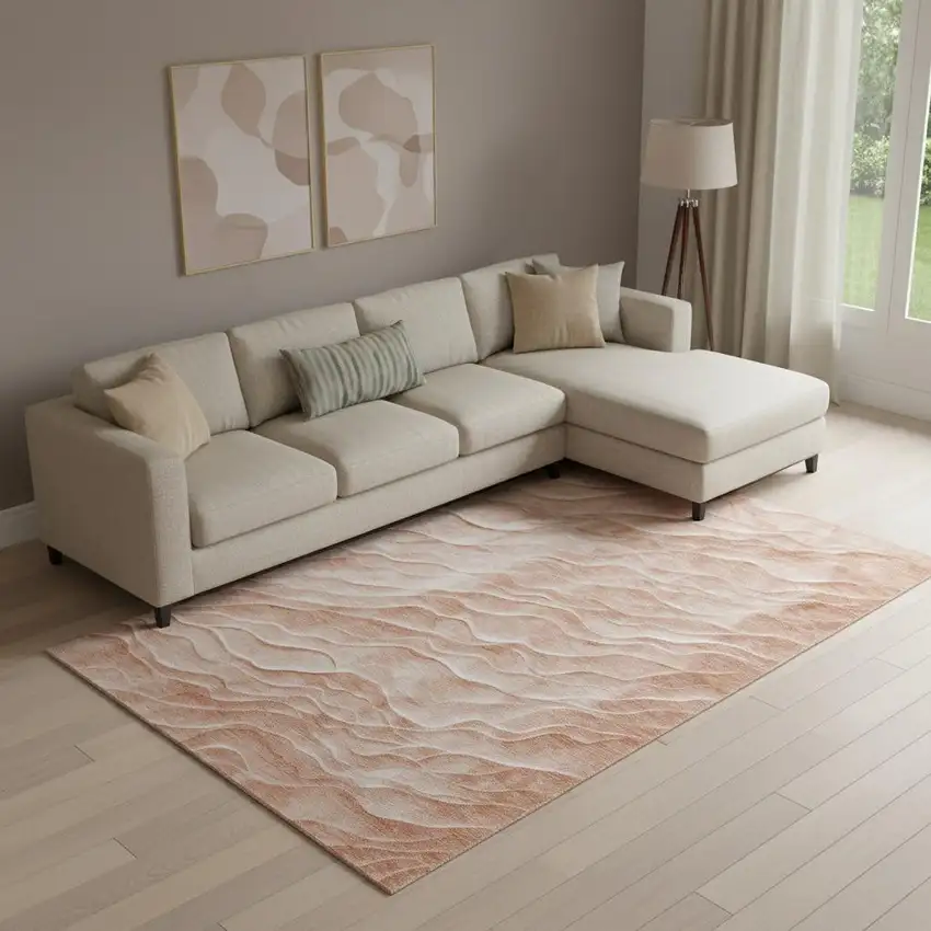 Coral And Ivory Abstract Washable Area Rug With UV Protection Photo 2