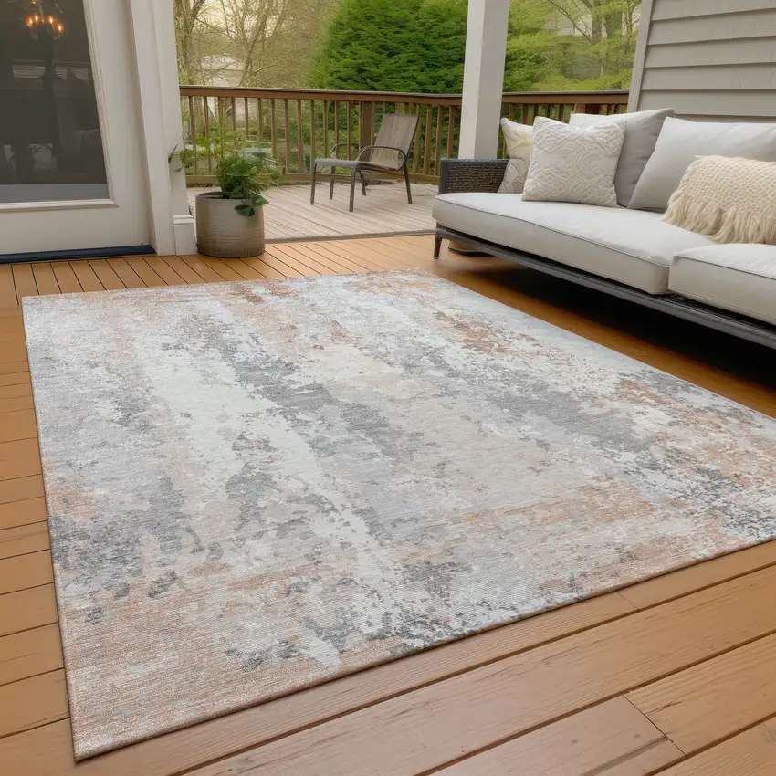Coral And Ivory Abstract Washable Indoor Outdoor Area Rug Photo 7