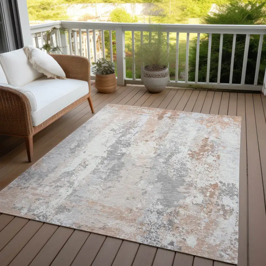 Coral And Ivory Abstract Washable Indoor Outdoor Area Rug Photo 4