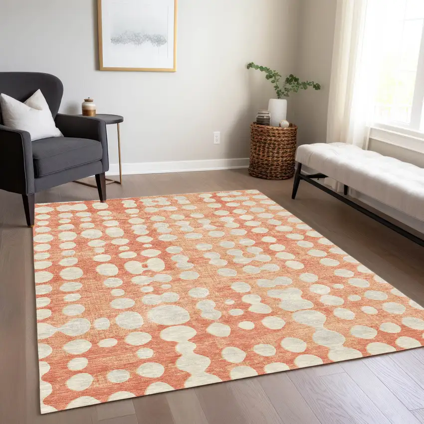 Coral And Ivory Abstract Washable Indoor Outdoor Area Rug Photo 9