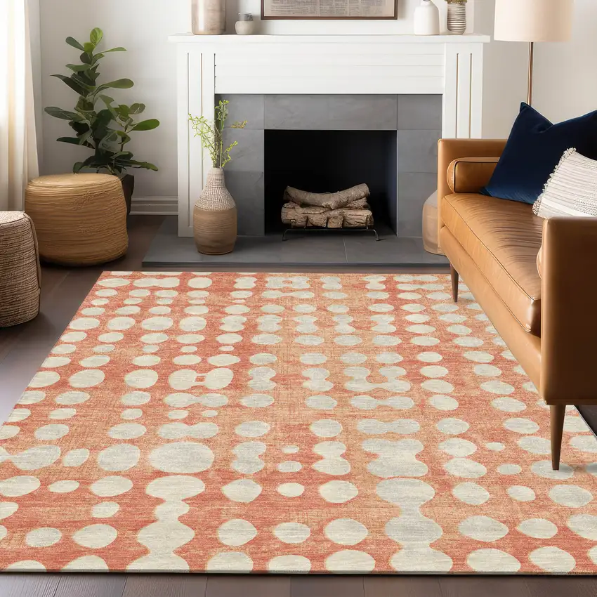 Coral And Ivory Abstract Washable Indoor Outdoor Area Rug Photo 9