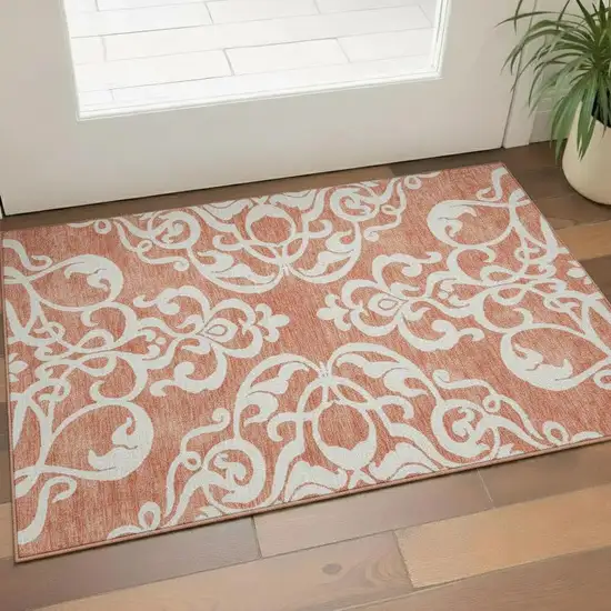 Coral And Ivory Damask Washable Area Rug With UV Protection Photo 2