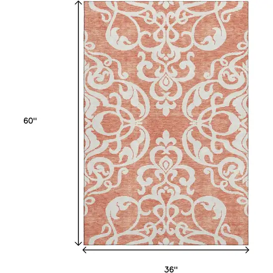 Coral And Ivory Damask Washable Area Rug With UV Protection Photo 9