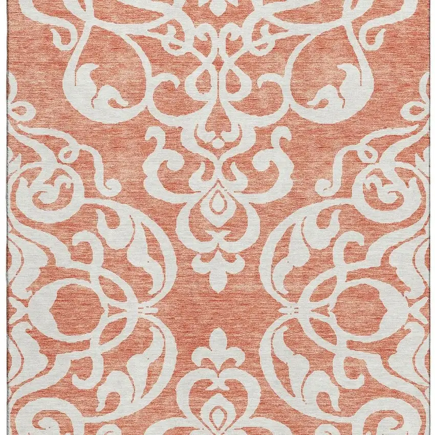 Coral And Ivory Damask Washable Area Rug With UV Protection Photo 3