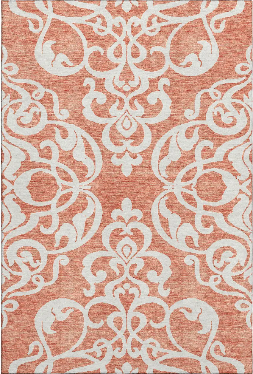 Coral And Ivory Damask Washable Area Rug With UV Protection Photo 1