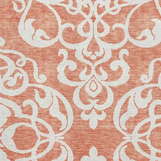 Coral And Ivory Damask Washable Area Rug With UV Protection Photo 2
