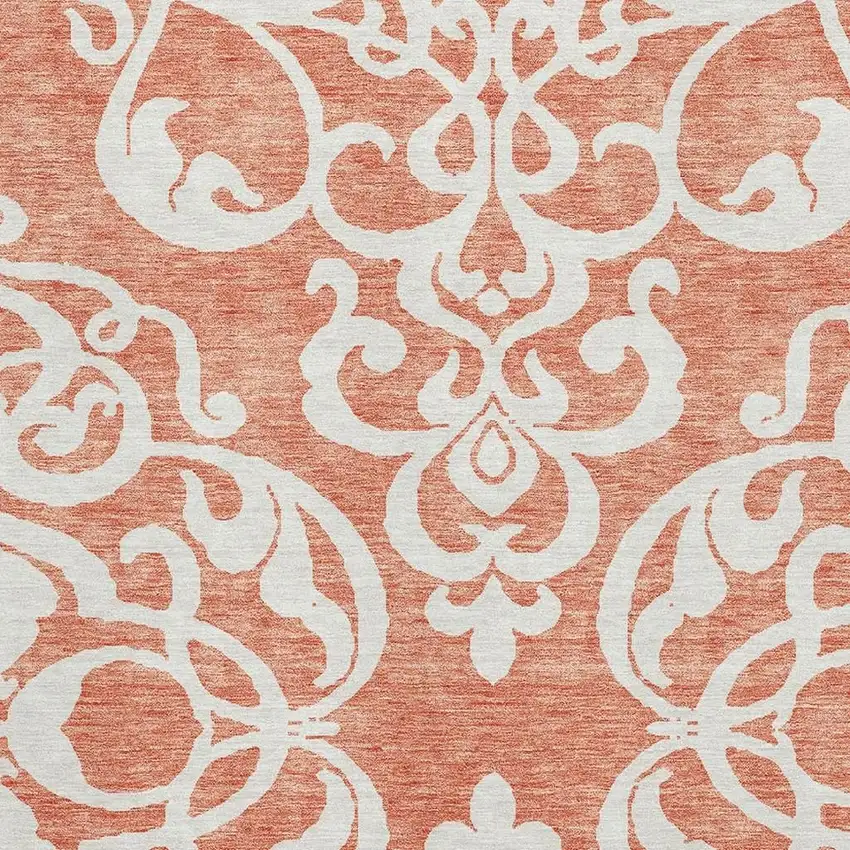 Coral And Ivory Damask Washable Area Rug With UV Protection Photo 2