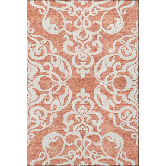 Coral And Ivory Damask Washable Area Rug With UV Protection Photo 3