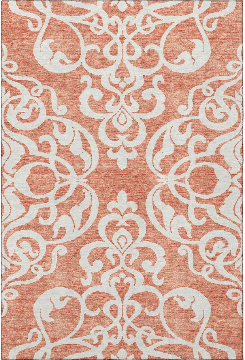 Coral And Ivory Damask Washable Area Rug With UV Protection Photo 3