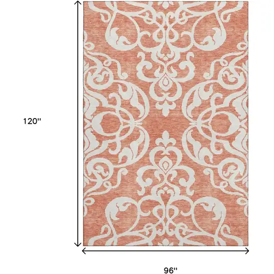 Coral And Ivory Damask Washable Area Rug With UV Protection Photo 8