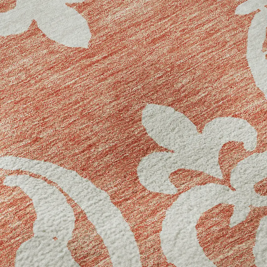 Coral And Ivory Damask Washable Area Rug With UV Protection Photo 9