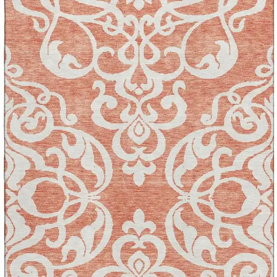 Coral And Ivory Damask Washable Area Rug With UV Protection Photo 2