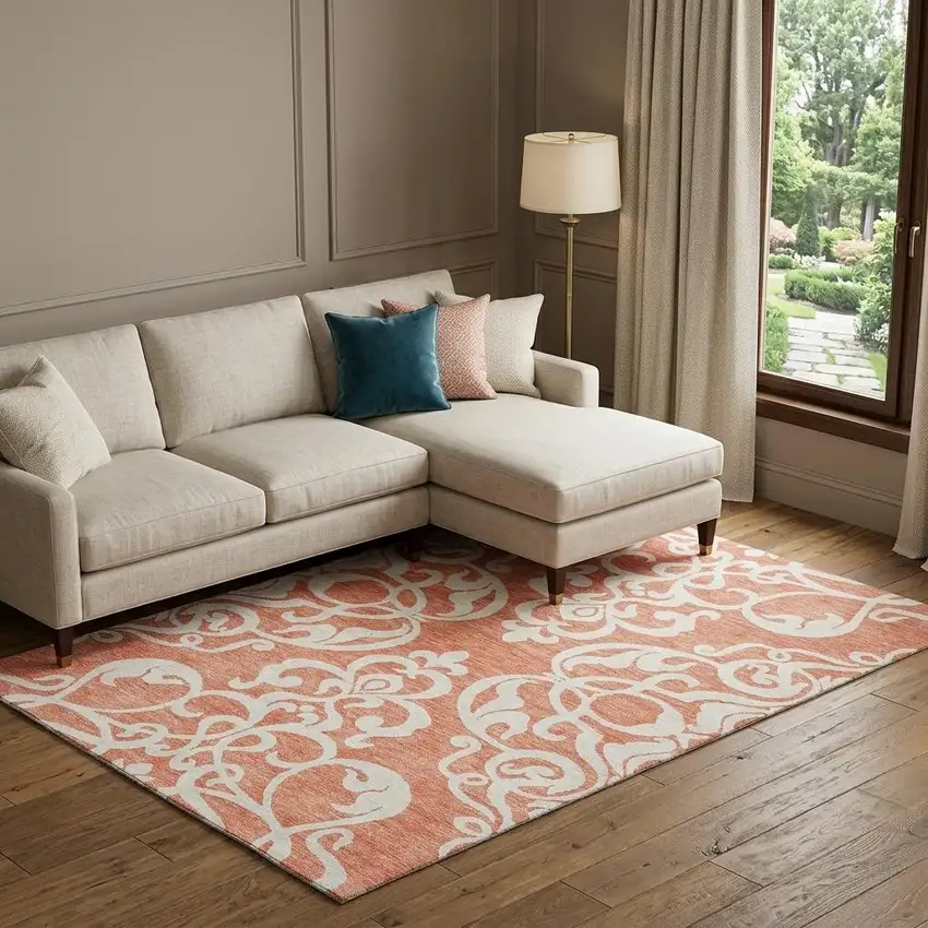 Coral And Ivory Damask Washable Area Rug With UV Protection Photo 1