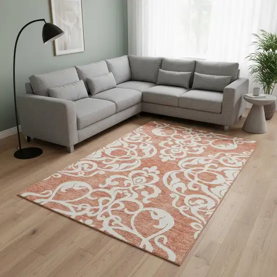 Coral And Ivory Damask Washable Area Rug With UV Protection Photo 2