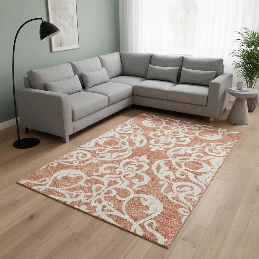 Coral And Ivory Damask Washable Area Rug With UV Protection Photo 2