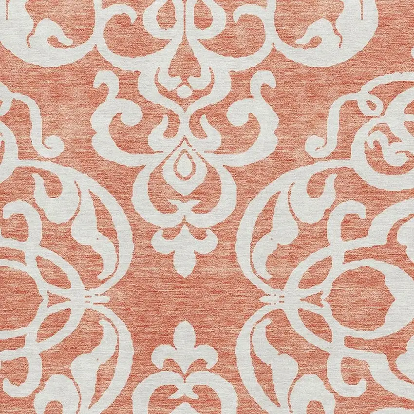 Coral And Ivory Damask Washable Area Rug With UV Protection Photo 2