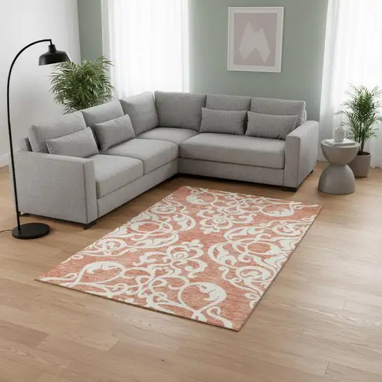 Coral And Ivory Damask Washable Area Rug With UV Protection Photo 2