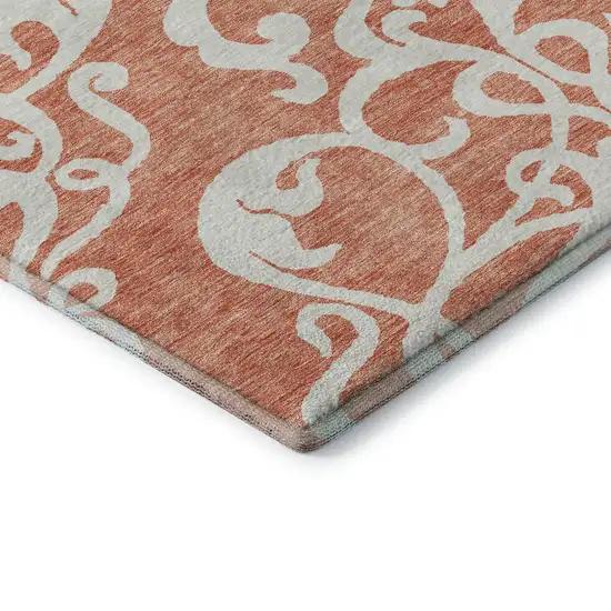 Coral And Ivory Damask Washable Area Rug With UV Protection Photo 7