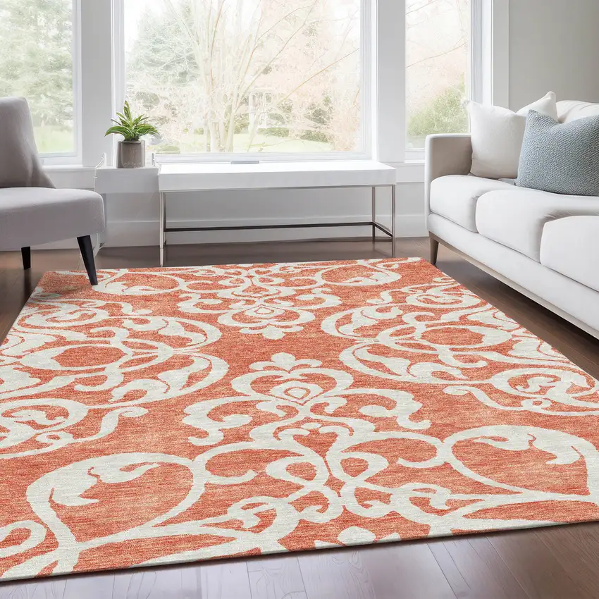 Coral And Ivory Damask Washable Area Rug With UV Protection Photo 5