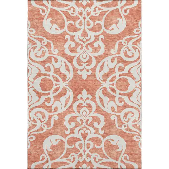 Coral And Ivory Damask Washable Area Rug With UV Protection Photo 1