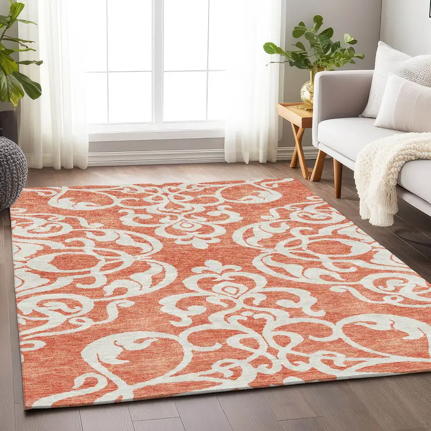 Coral And Ivory Damask Washable Area Rug With UV Protection Photo 4