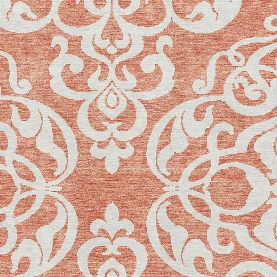 Coral And Ivory Damask Washable Area Rug With UV Protection Photo 2