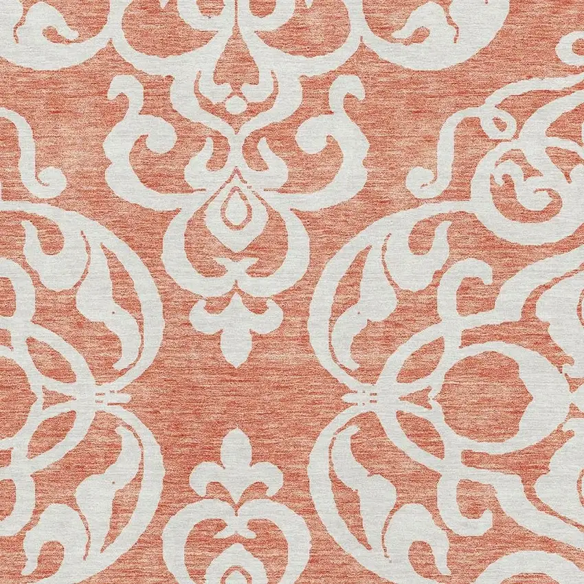Coral And Ivory Damask Washable Area Rug With UV Protection Photo 2