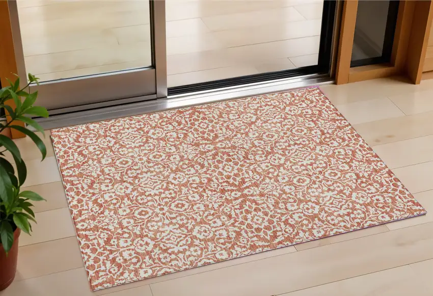 Coral And Ivory Damask Washable Indoor Outdoor Area Rug Photo 1