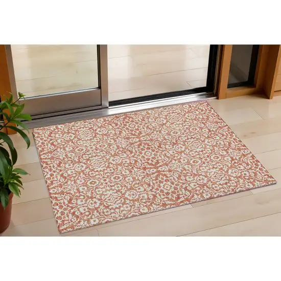 Coral And Ivory Damask Washable Indoor Outdoor Area Rug Photo 1