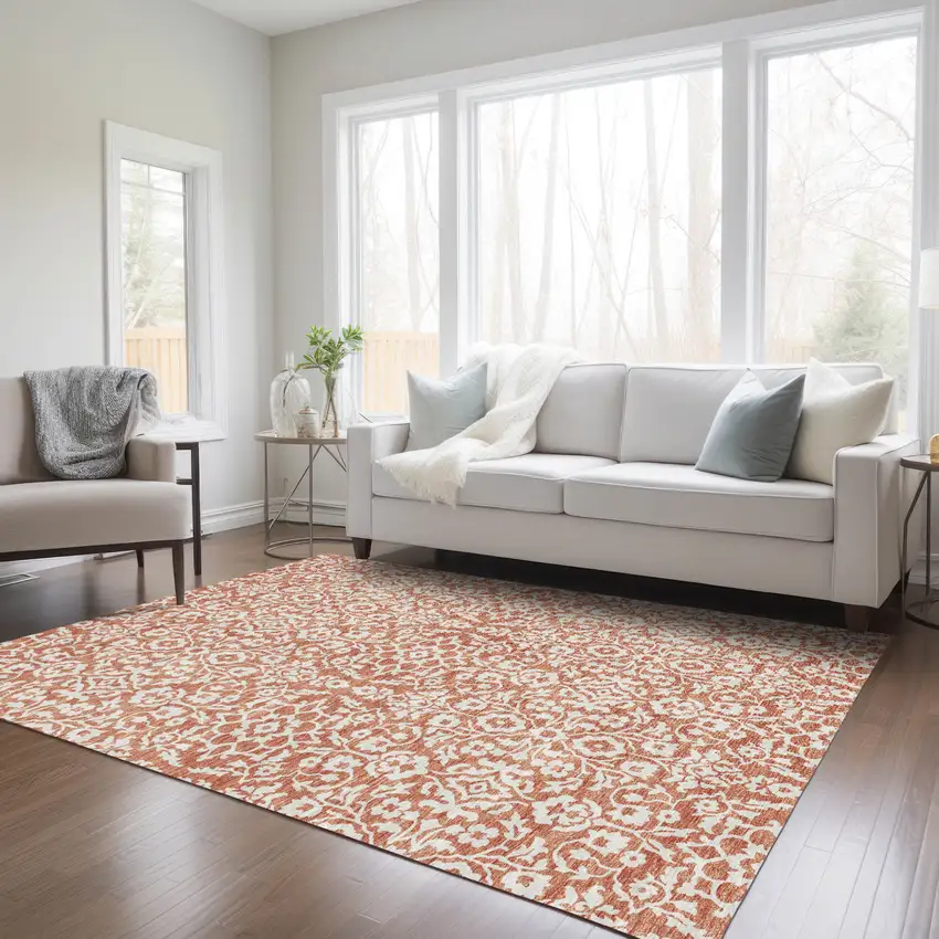 Coral And Ivory Damask Washable Indoor Outdoor Area Rug Photo 9