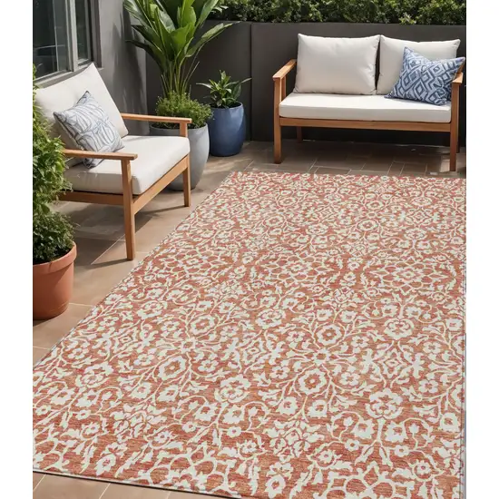 Coral And Ivory Damask Washable Indoor Outdoor Area Rug Photo 1