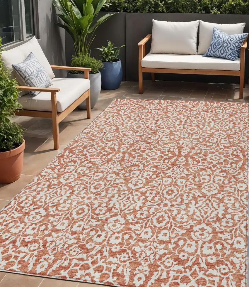 Coral And Ivory Damask Washable Indoor Outdoor Area Rug Photo 1