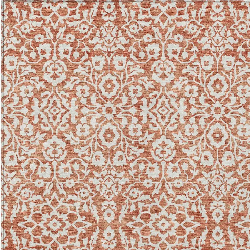 Coral And Ivory Damask Washable Indoor Outdoor Area Rug Photo 6