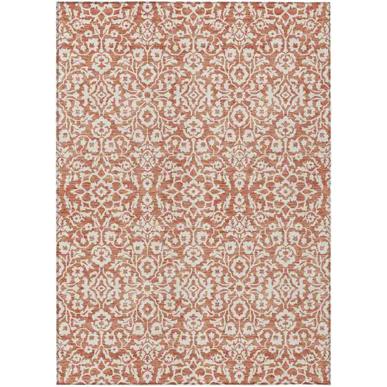 Coral And Ivory Damask Washable Indoor Outdoor Area Rug Photo 2