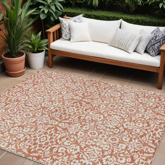 Coral And Ivory Damask Washable Indoor Outdoor Area Rug Photo 1
