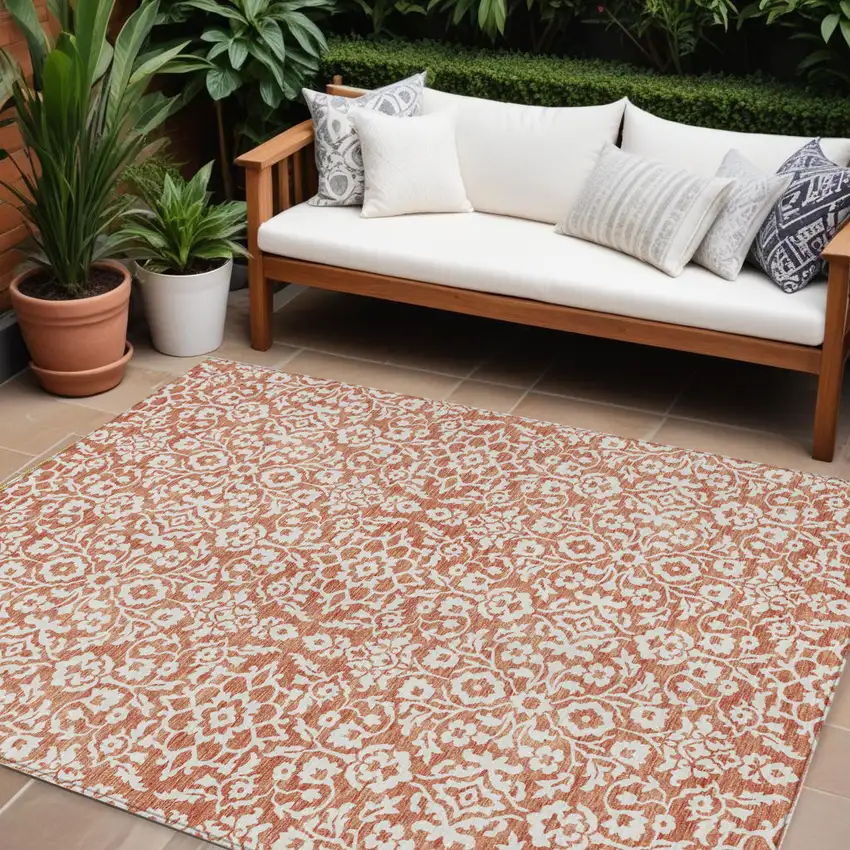 Coral And Ivory Damask Washable Indoor Outdoor Area Rug Photo 1