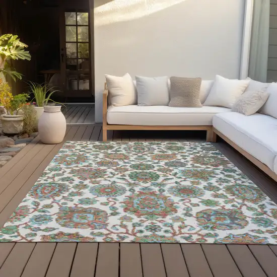 Coral And Ivory Floral Medallion Washable Indoor Outdoor Area Rug Photo 6