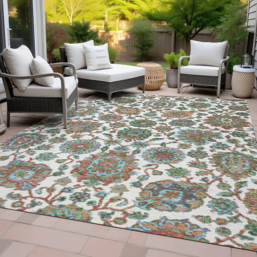 Coral And Ivory Floral Medallion Washable Indoor Outdoor Area Rug Photo 9