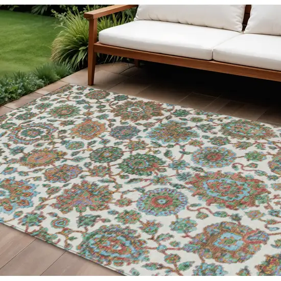 Coral And Ivory Floral Medallion Washable Indoor Outdoor Area Rug Photo 2
