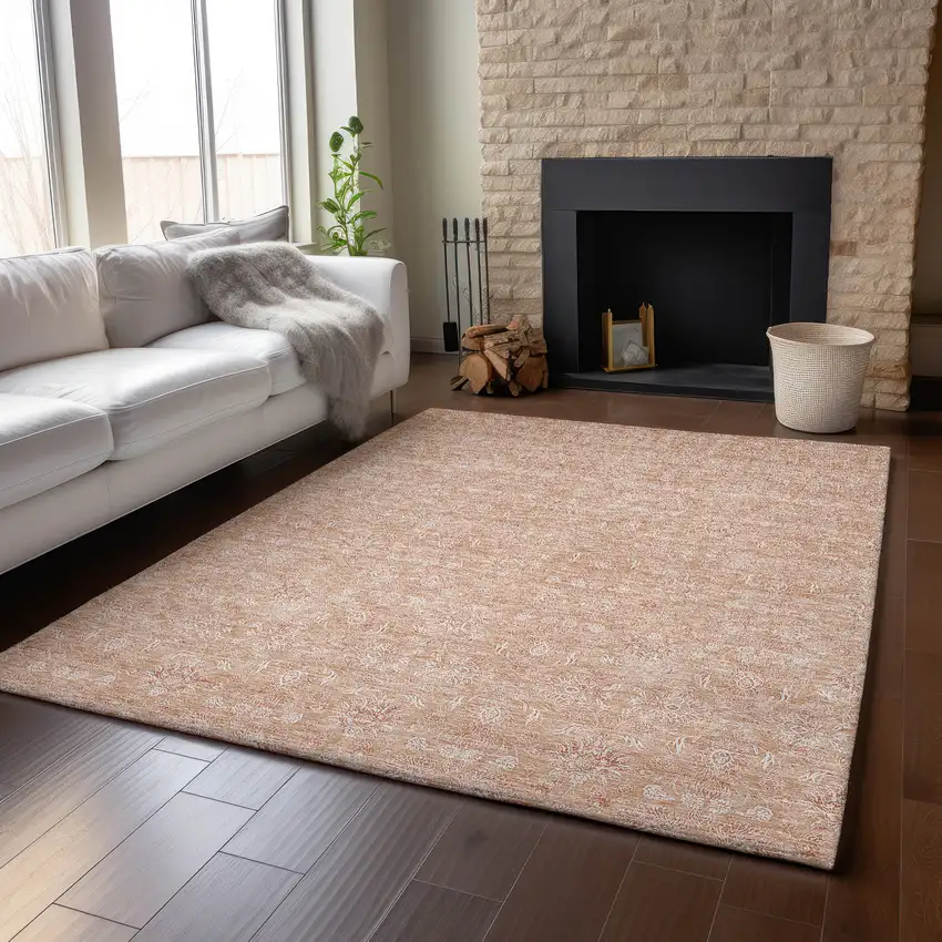 Coral And Ivory Floral Washable Area Rug With UV Protection Photo 6