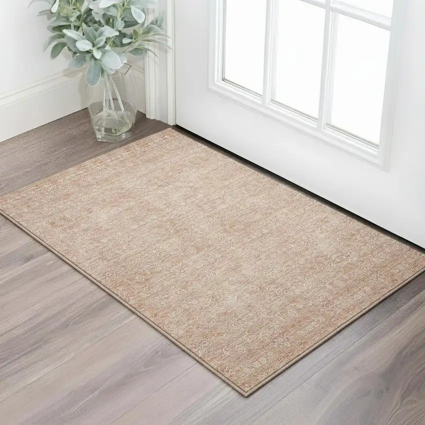 Coral And Ivory Floral Washable Area Rug With UV Protection Photo 1