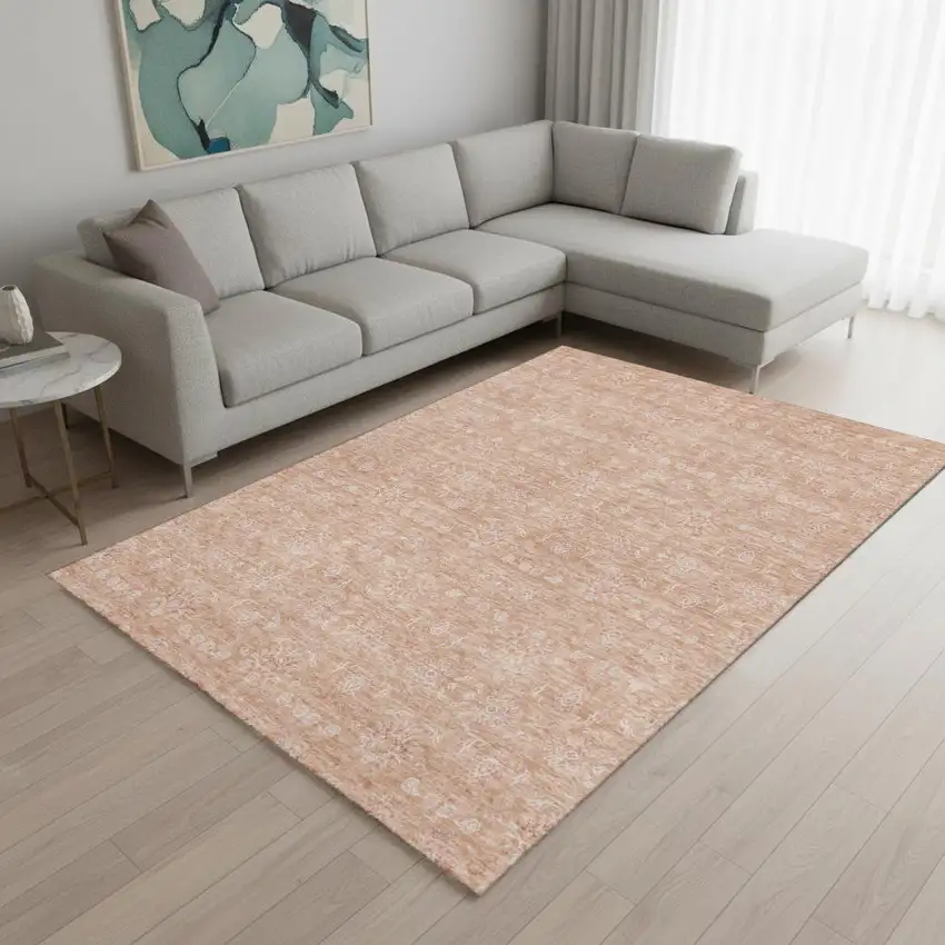 Coral And Ivory Floral Washable Area Rug With UV Protection Photo 1