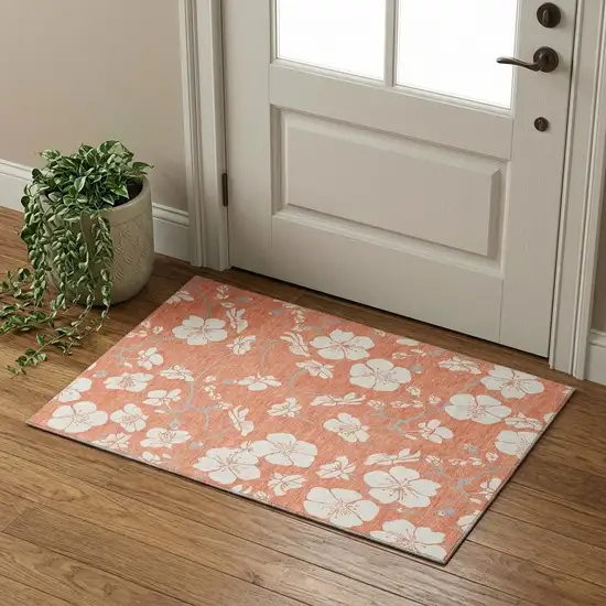Coral And Ivory Floral Washable Area Rug With UV Protection Photo 1